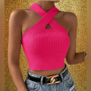 SHEIN Allurite Cross Strap Knitted Cropped Tank Top Hot Pink (0191)